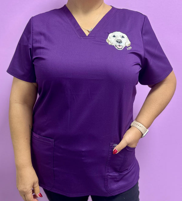 YOUR Picture Embroidered ONCE on left side Cherokee Women's Workwear Revolution V-Neck Top with Badge Loop Scrub Top Customized