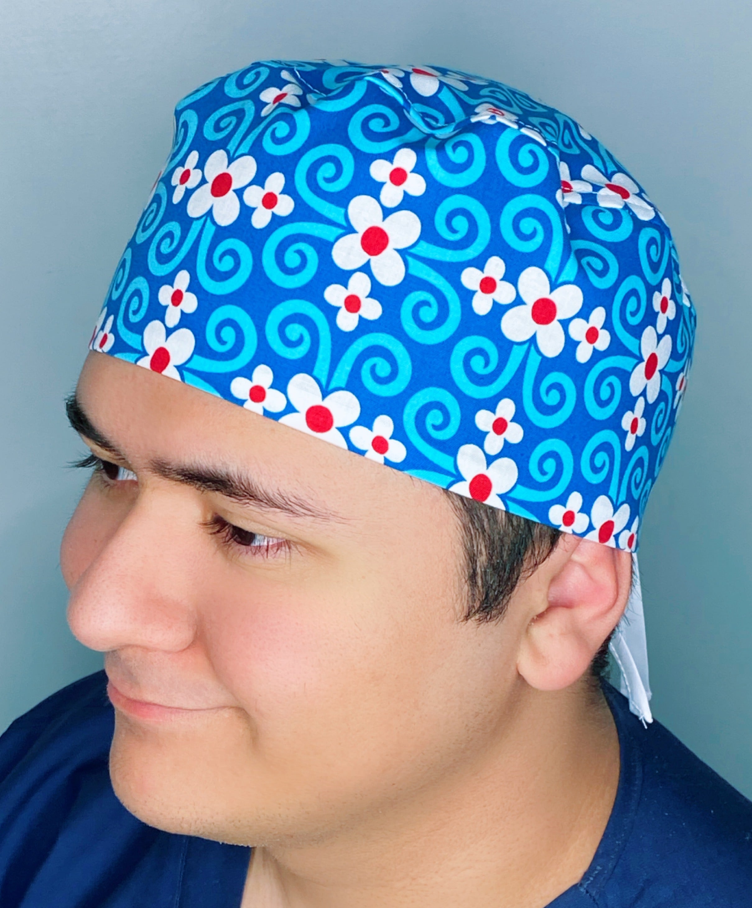 Royal Blue Arabesque Flowers Floral Design Unisex Cute Scrub Cap