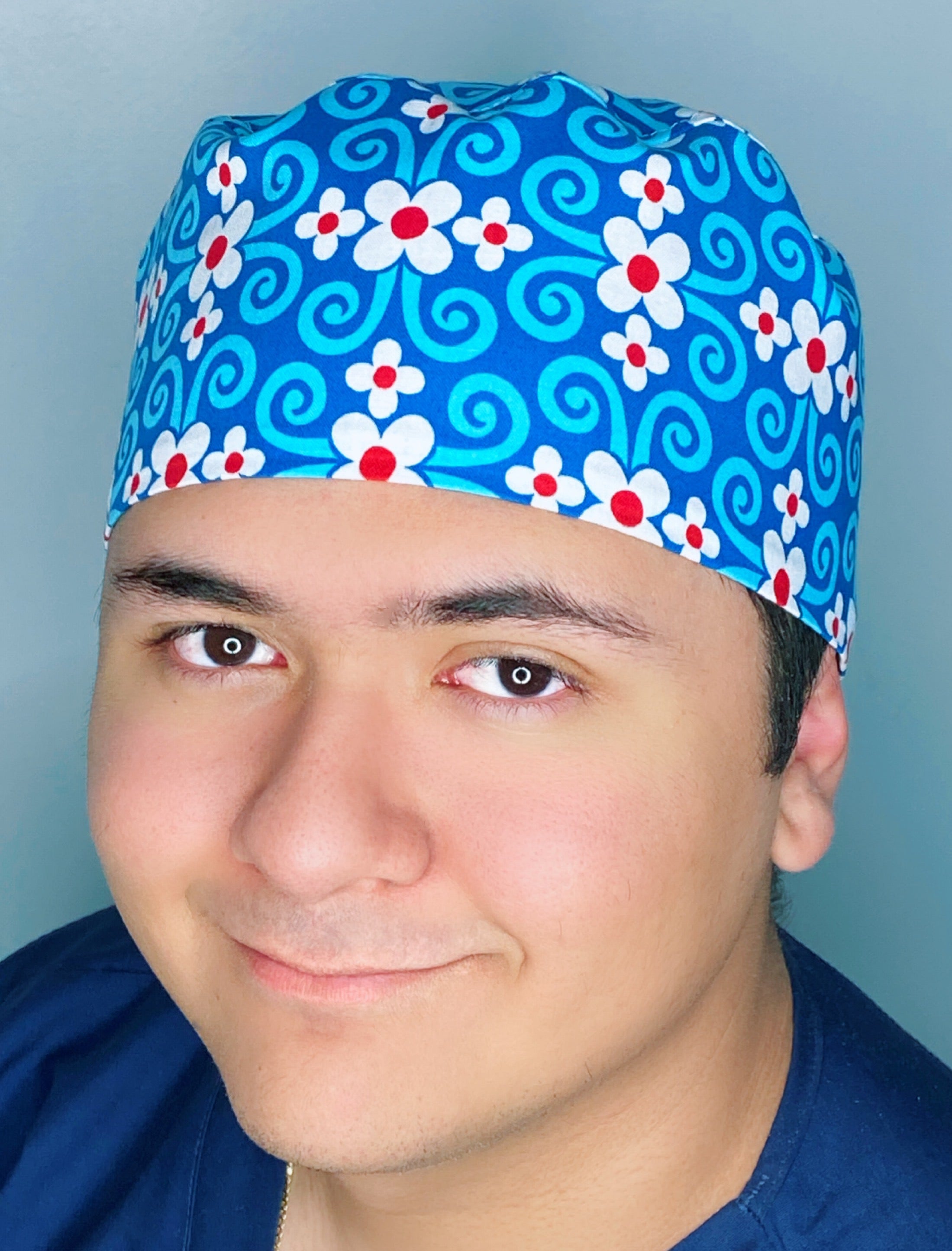 Royal Blue Arabesque Flowers Floral Design Unisex Cute Scrub Cap