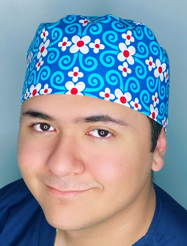 Royal Blue Arabesque Flowers Floral Design Unisex Cute Scrub Cap