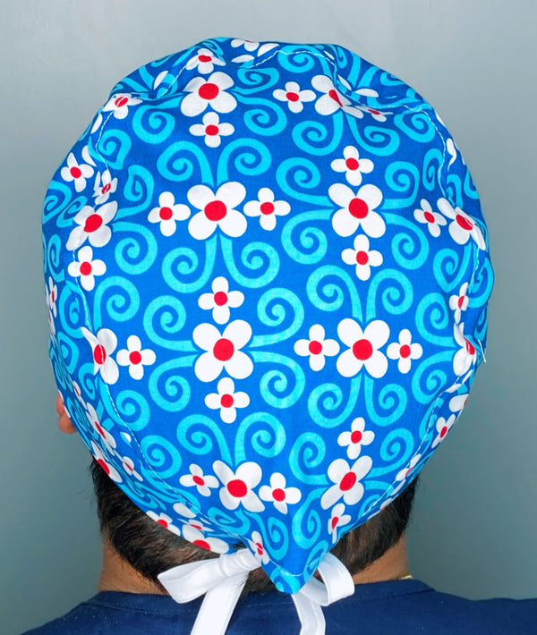 Royal Blue Arabesque Flowers Floral Design Unisex Cute Scrub Cap