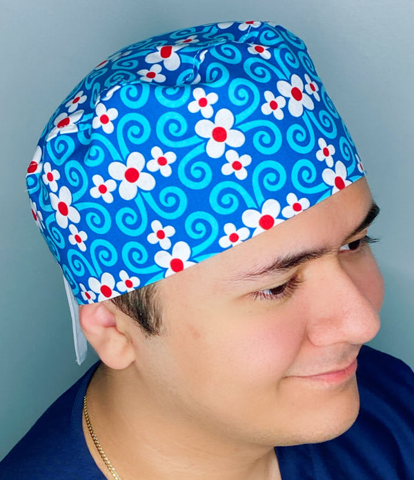 Royal Blue Arabesque Flowers Floral Design Unisex Cute Scrub Cap