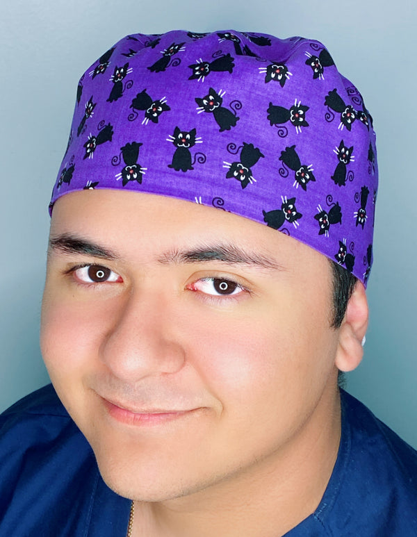 Black Cats on Purple Halloween Unisex Holiday Scrub Cap