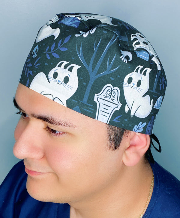 Cute Ghosts in Cemetery Halloween Unisex Holiday Scrub Cap