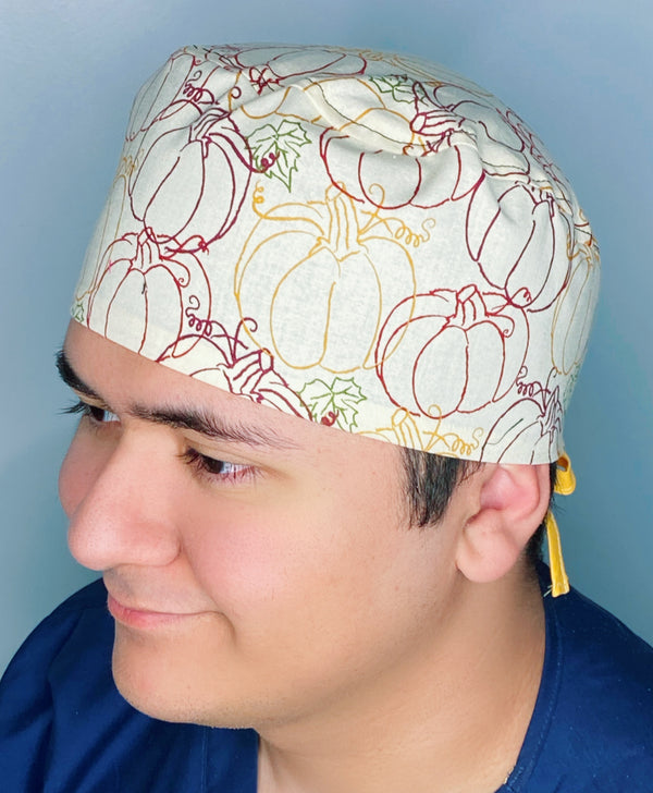 Doodled Pumpkins Fall Thanksgiving themed Unisex Holiday Scrub Cap