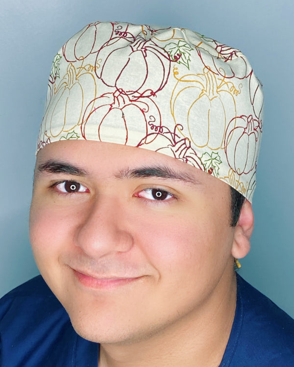 Doodled Pumpkins Fall Thanksgiving themed Unisex Holiday Scrub Cap