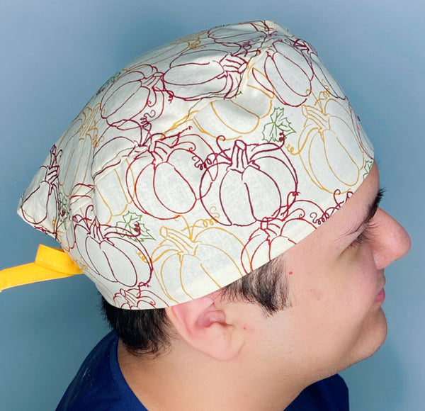 Doodled Pumpkins Fall Thanksgiving themed Unisex Holiday Scrub Cap