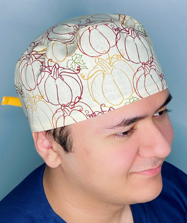 Doodled Pumpkins Fall Thanksgiving themed Unisex Holiday Scrub Cap