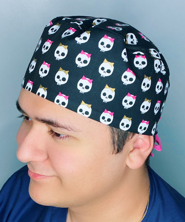 Cute Skulls With Bows Halloween Unisex Holiday Scrub Cap