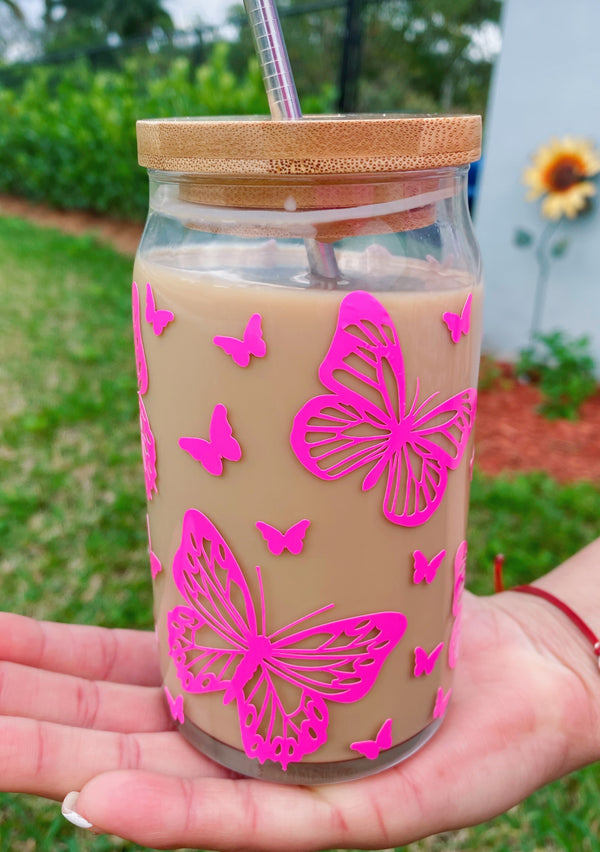 Butterflies Flutter Glass Beer Can