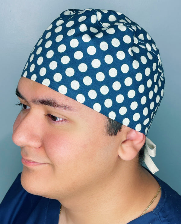 White Polka Dots on Navy Blue Unisex Cute Scrub Cap