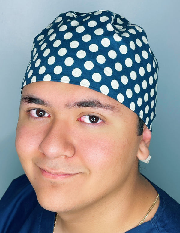 White Polka Dots on Navy Blue Unisex Cute Scrub Cap