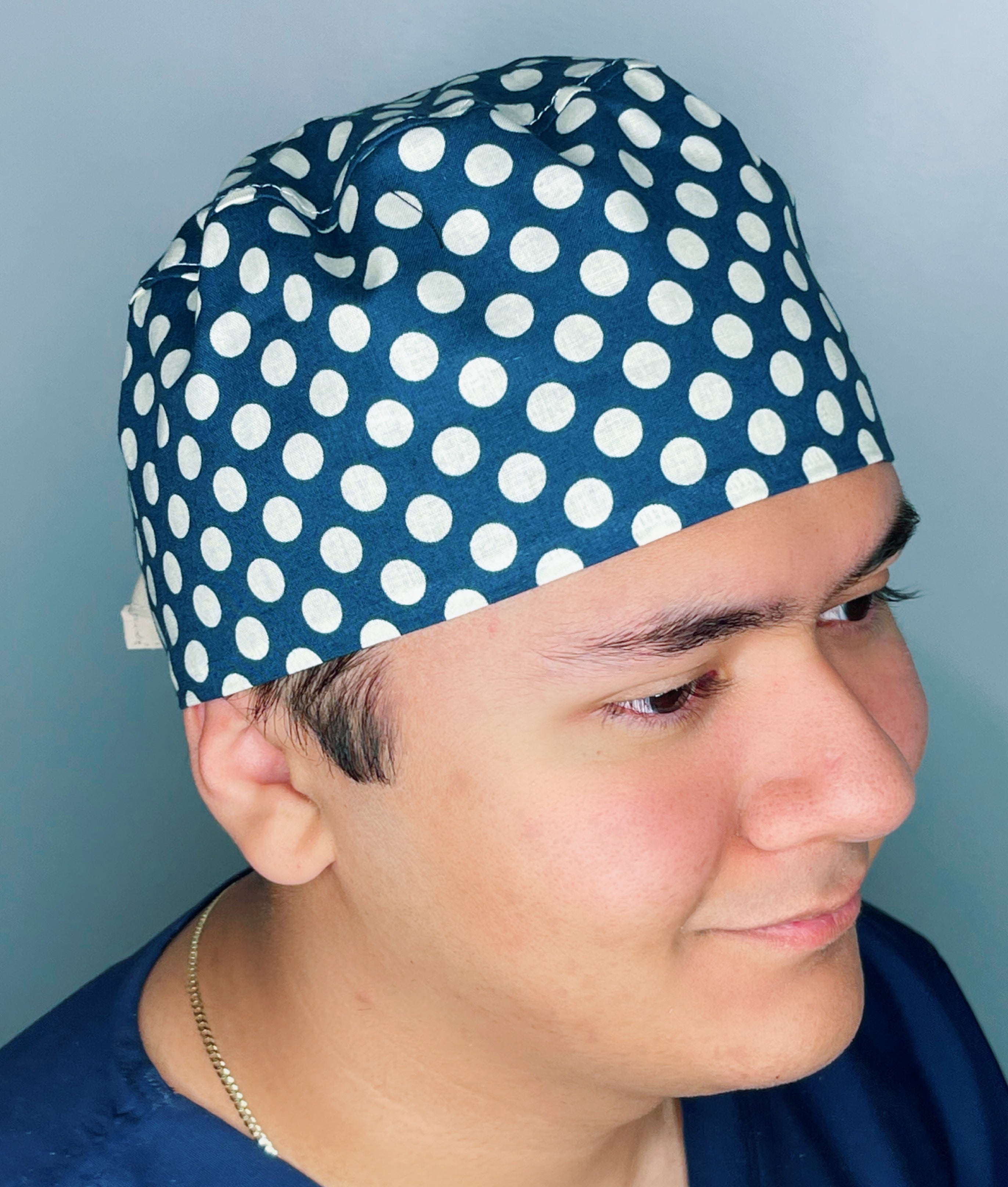 White Polka Dots on Navy Blue Unisex Cute Scrub Cap