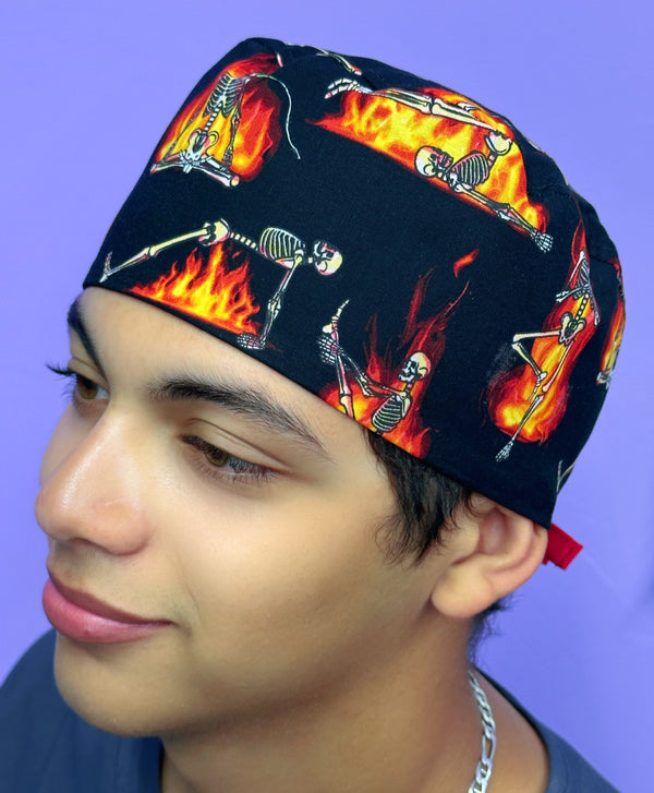 Funny Skeletons on Fire Doing Yoga Halloween Unisex Holiday Scrub Cap