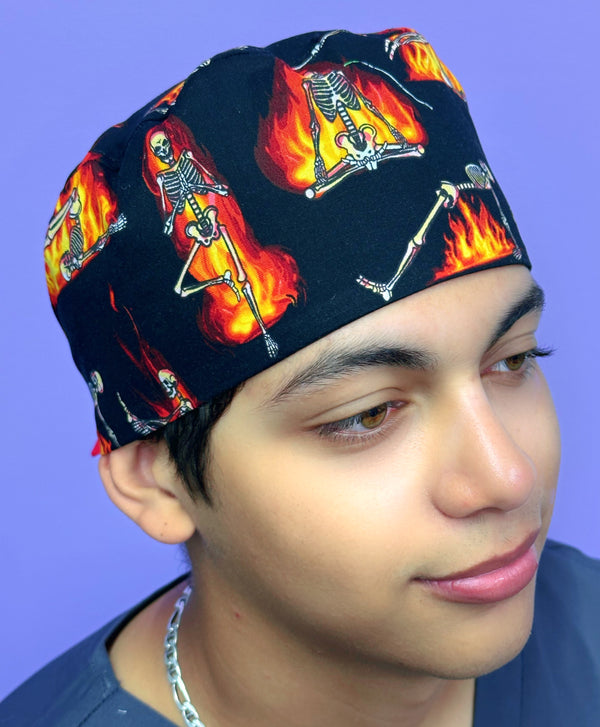Funny Skeletons on Fire Doing Yoga Halloween Unisex Holiday Scrub Cap
