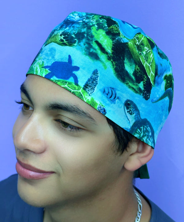 Sea Turtles in Open Sea Blue Unisex Animal Scrub Cap
