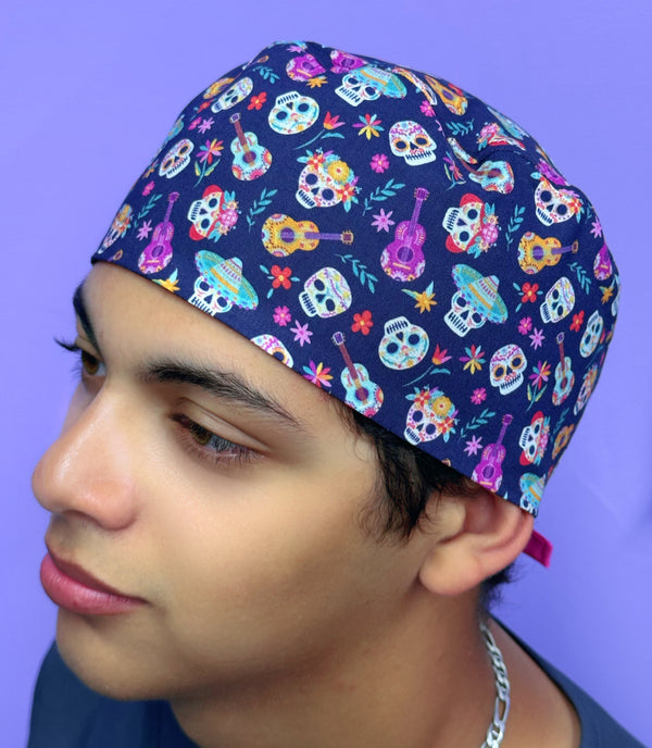 Dia De Los Muertos Skulls & Guitars Unisex Holiday Scrub Cap