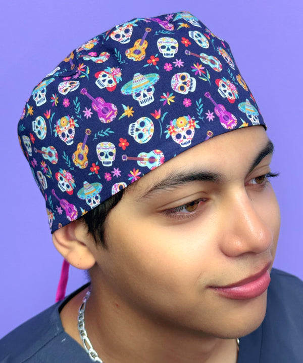 Dia De Los Muertos Skulls & Guitars Unisex Holiday Scrub Cap