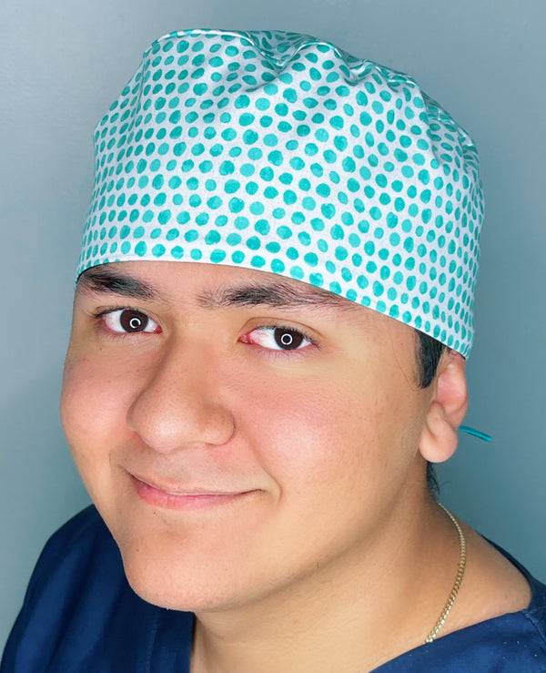 Turquoise Polka Dots on White Unisex Cute Scrub Cap