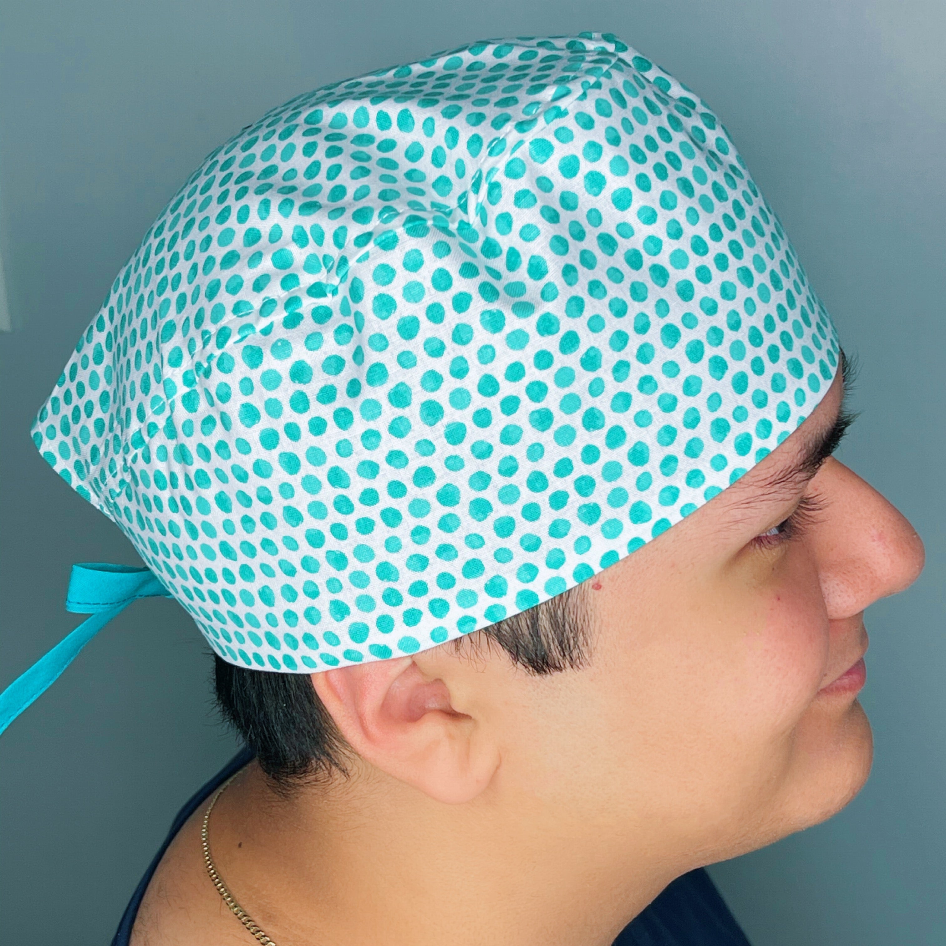 Turquoise Polka Dots on White Unisex Cute Scrub Cap