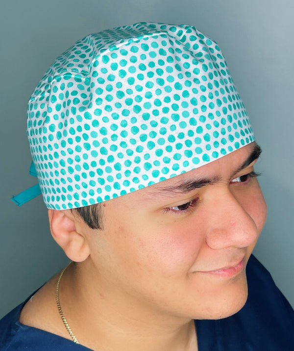 Turquoise Polka Dots on White Unisex Cute Scrub Cap
