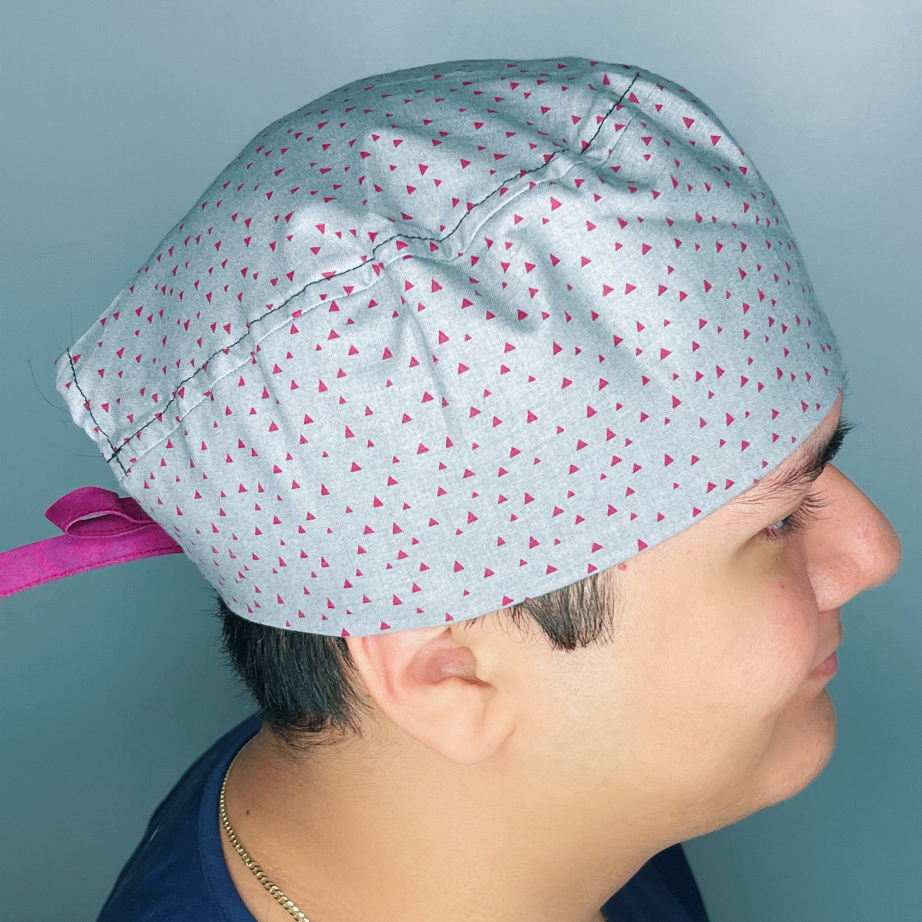 Small Pink Triangles on Grey Unisex Fancy Scrub Cap