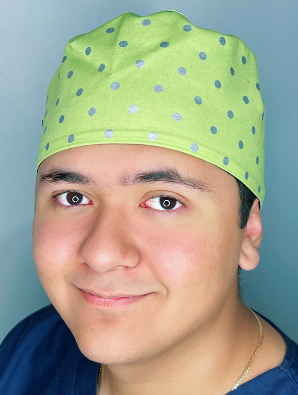 Silver Polka Dots on Green Unisex Cute Scrub Cap