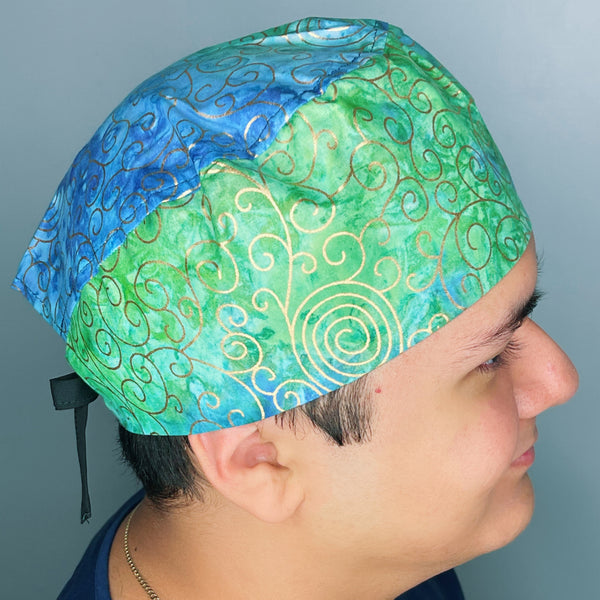 Green & Blue Ombre Arabesque Floral Design Unisex Cute Scrub Cap