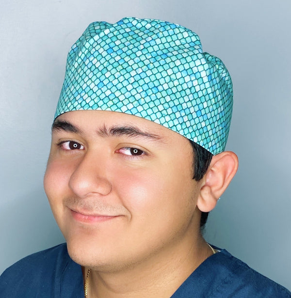 Cool Toned Blue & Green Scales Design Unisex Cute Scrub Cap