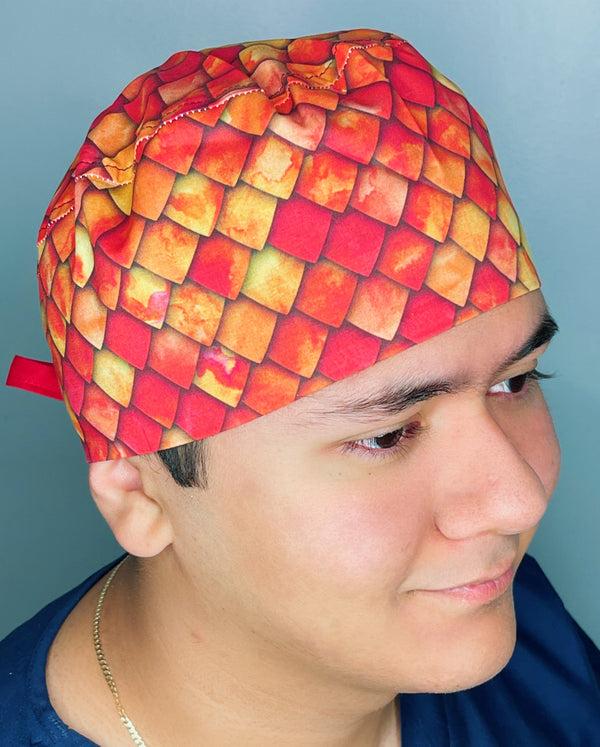 Red & Orange Ombre Dragon Scales Design Unisex Cute Scrub Cap