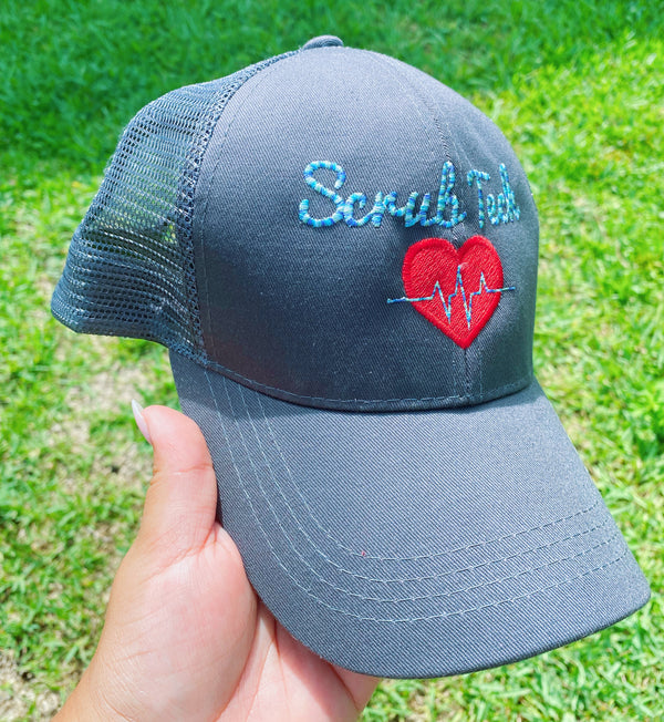 Scrub Tech EKG Heart EMBROIDERED Ponytail Baseball Cap