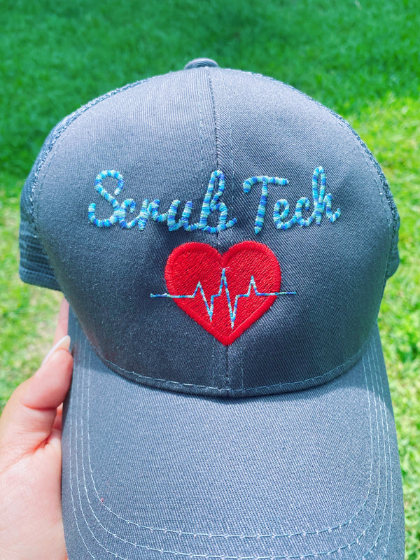 Scrub Tech EKG Heart EMBROIDERED Ponytail Baseball Cap