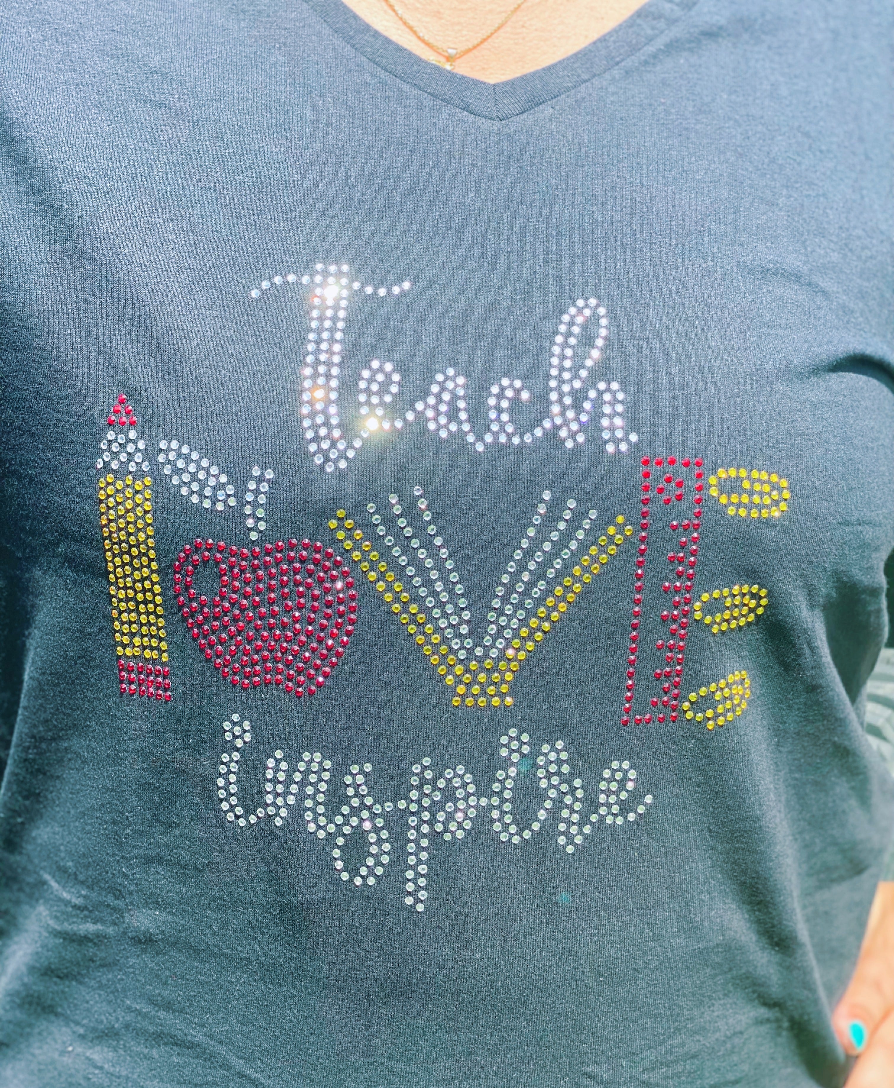 Teach Love Inspire Rhinestone Design Women's Ideal V-Neck Tee