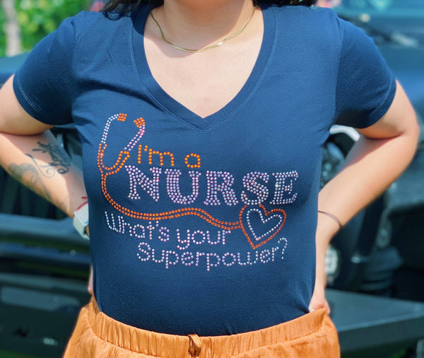 I'm a Nurse, What's Your Superpower? Rhinestone Women's Ideal V-Neck Tee