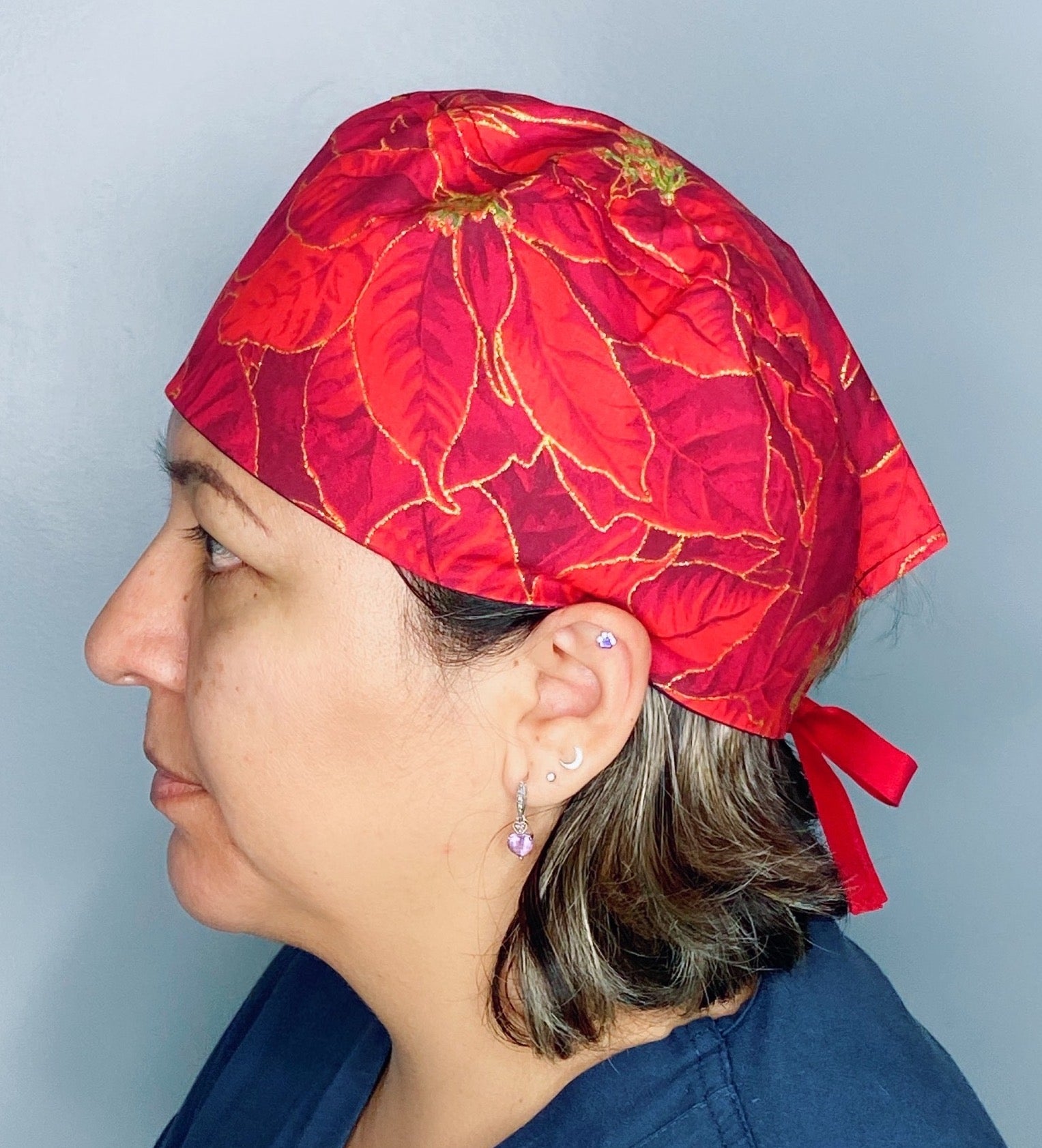 Glitter Poinsettia Flowers Christmas Unisex Holiday Scrub Cap