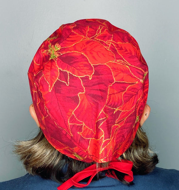 Glitter Poinsettia Flowers Christmas Unisex Holiday Scrub Cap