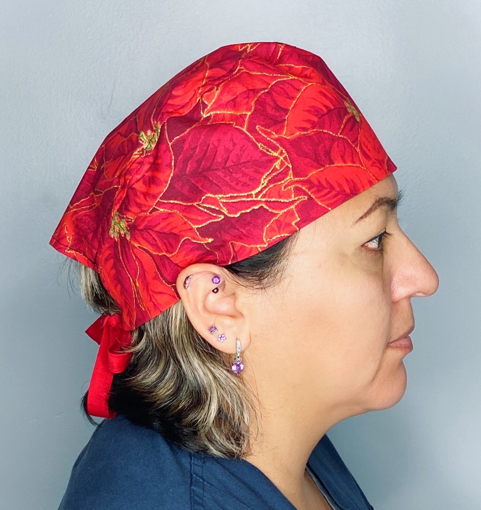 Glitter Poinsettia Flowers Christmas Unisex Holiday Scrub Cap