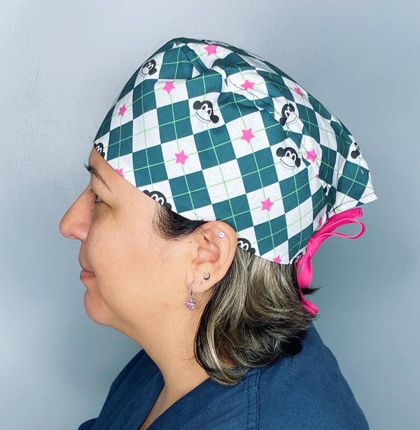 Argyle Monkey Green & Pink Unisex Animal Scrub Cap