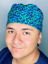 Ombre Green & Blue Leopard Print Unisex Animal Scrub Cap
