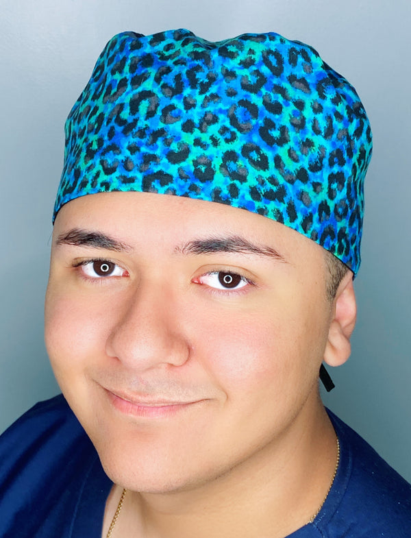 Ombre Green & Blue Leopard Print Unisex Animal Scrub Cap
