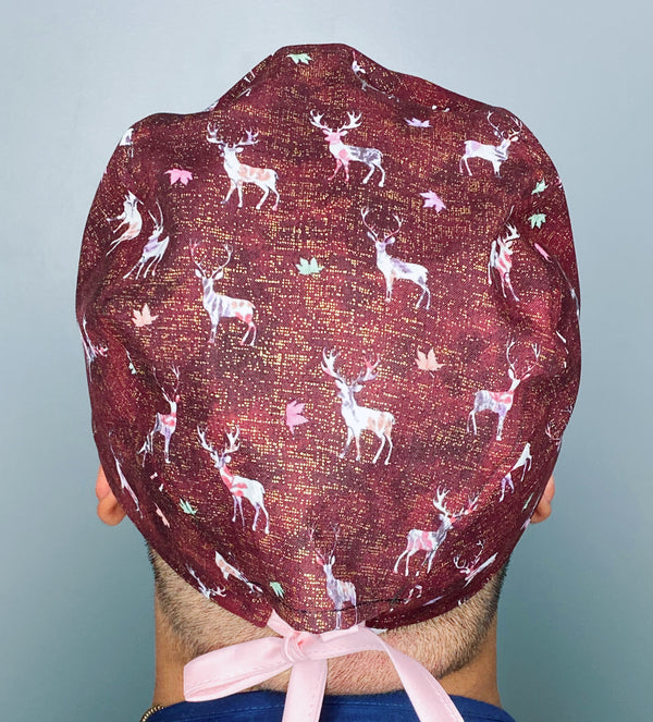 Floral Deers in Brown Distressed Wild Animals Unisex Animal Scrub Cap