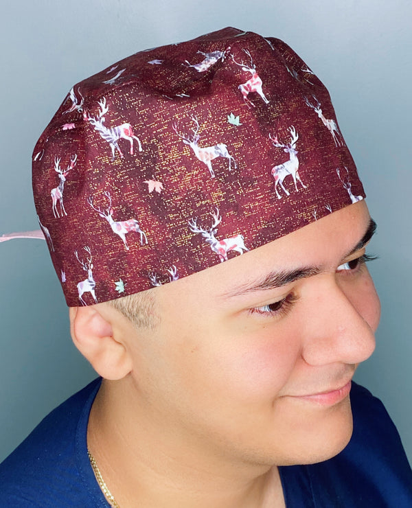 Floral Deers in Brown Distressed Wild Animals Unisex Animal Scrub Cap
