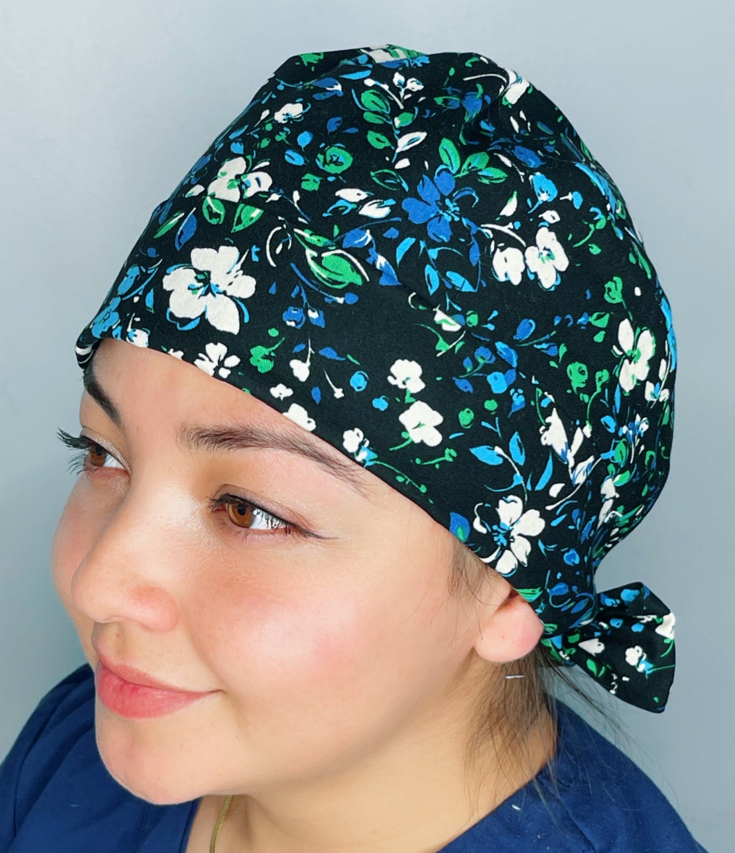 Blue & Green Flower Design on Black Floral Themed Pixie