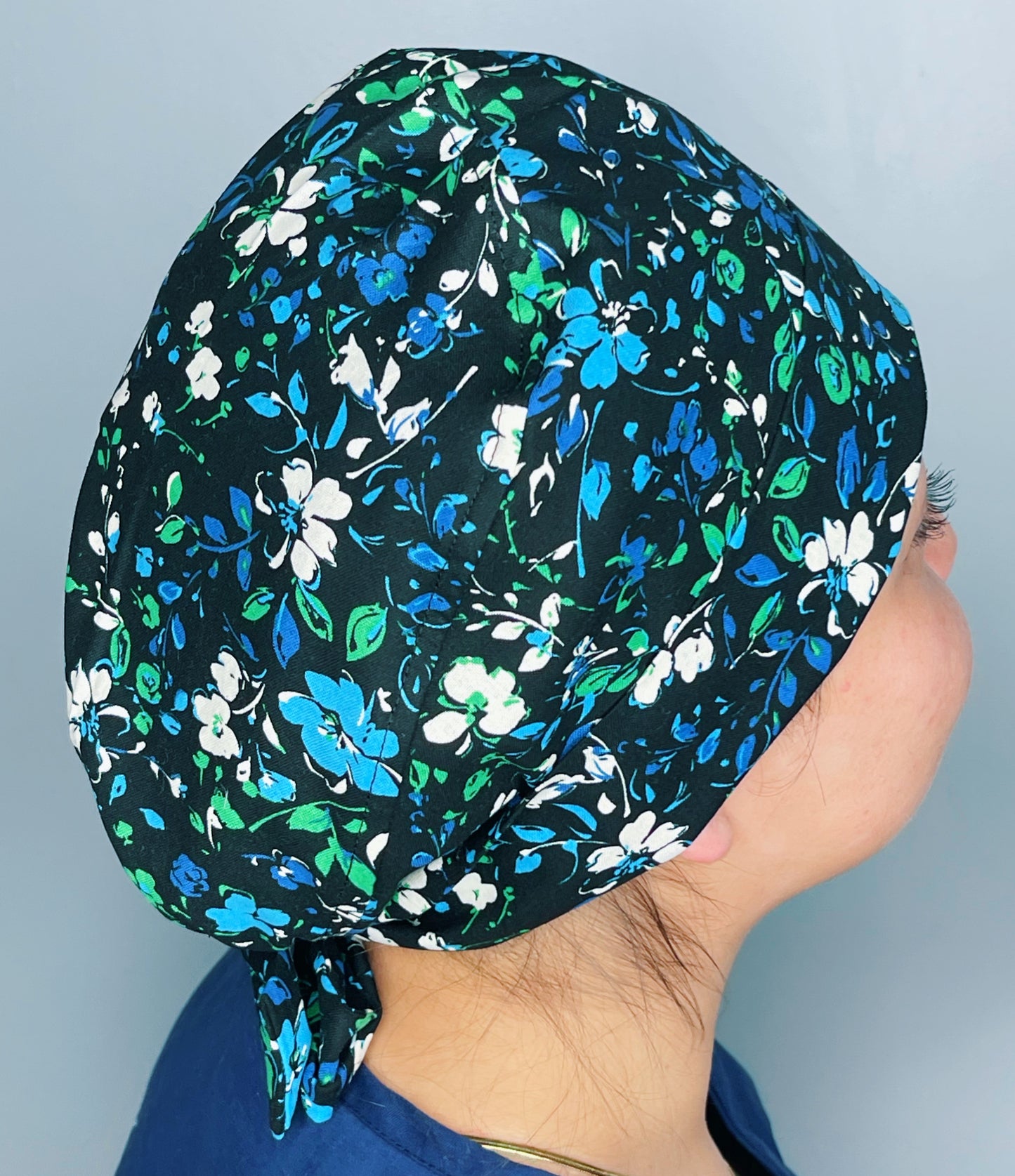 Blue & Green Flower Design on Black Floral Themed Pixie