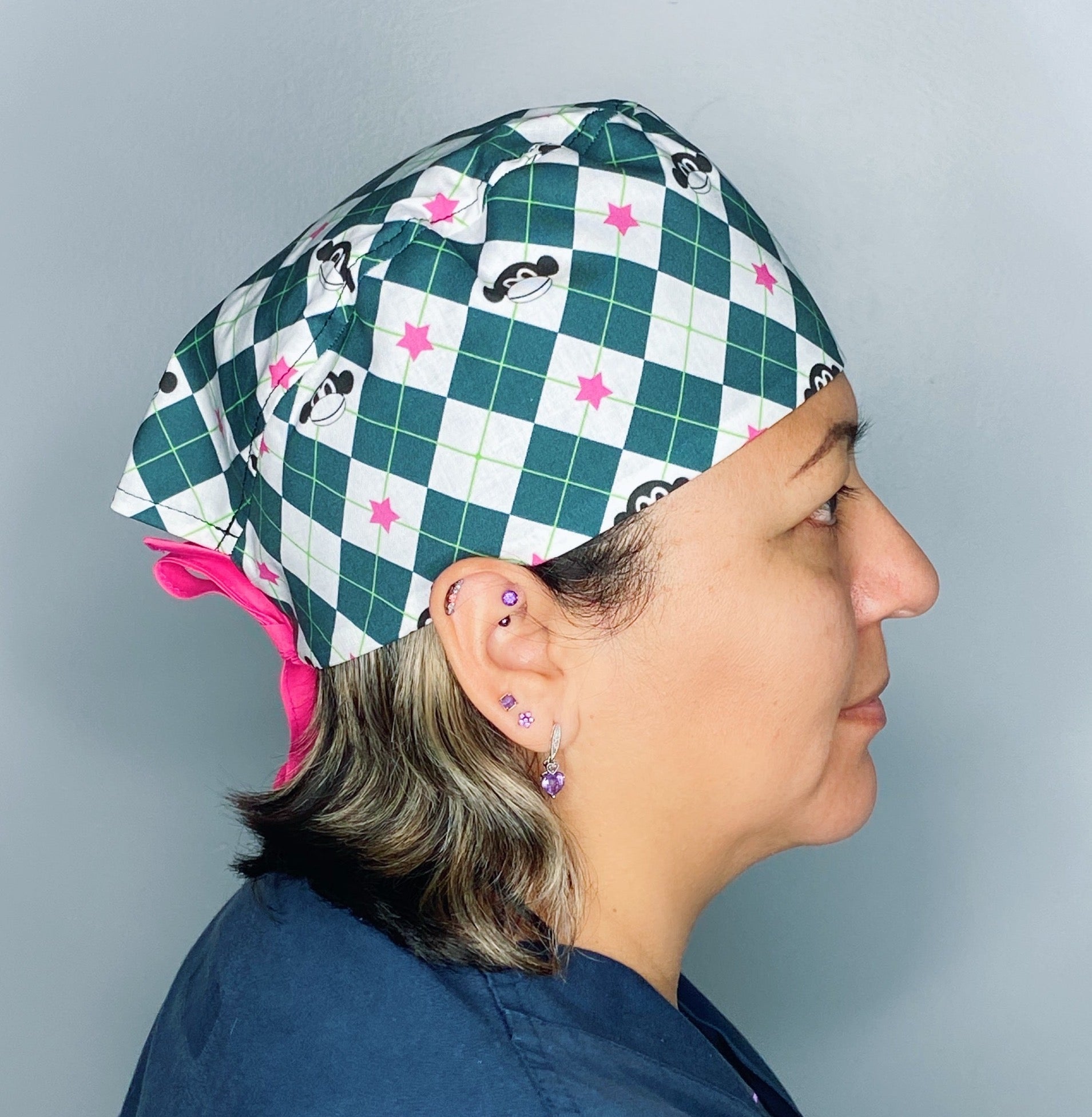 Argyle Monkey Green & Pink Unisex Animal Scrub Cap