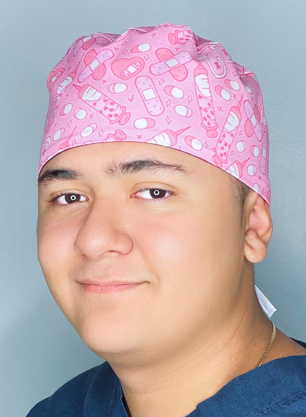 Bright Pink Band-Aids, Needles & Hearts Unisex Medical Theme Scrub Cap