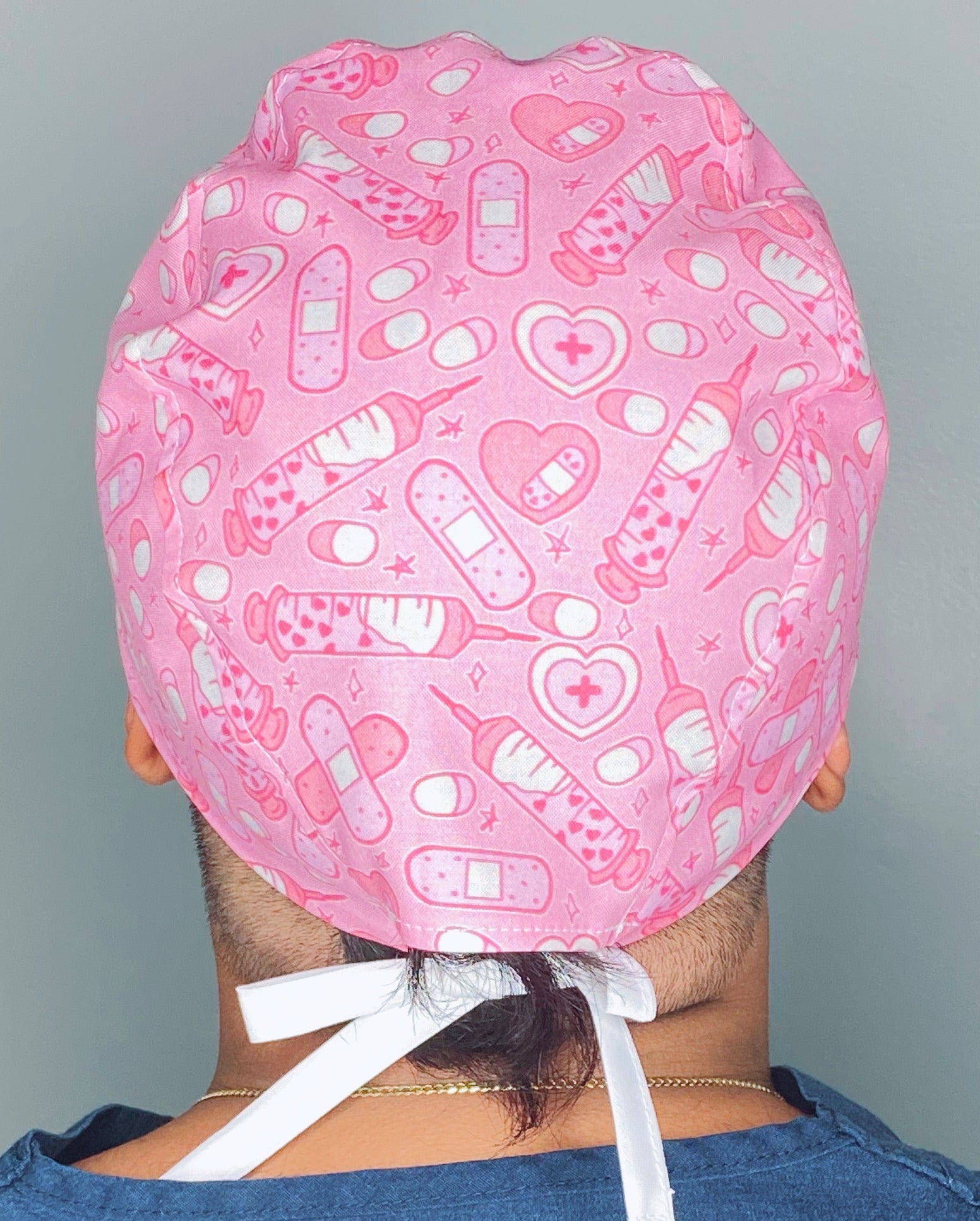 Bright Pink Band-Aids, Needles & Hearts Unisex Medical Theme Scrub Cap