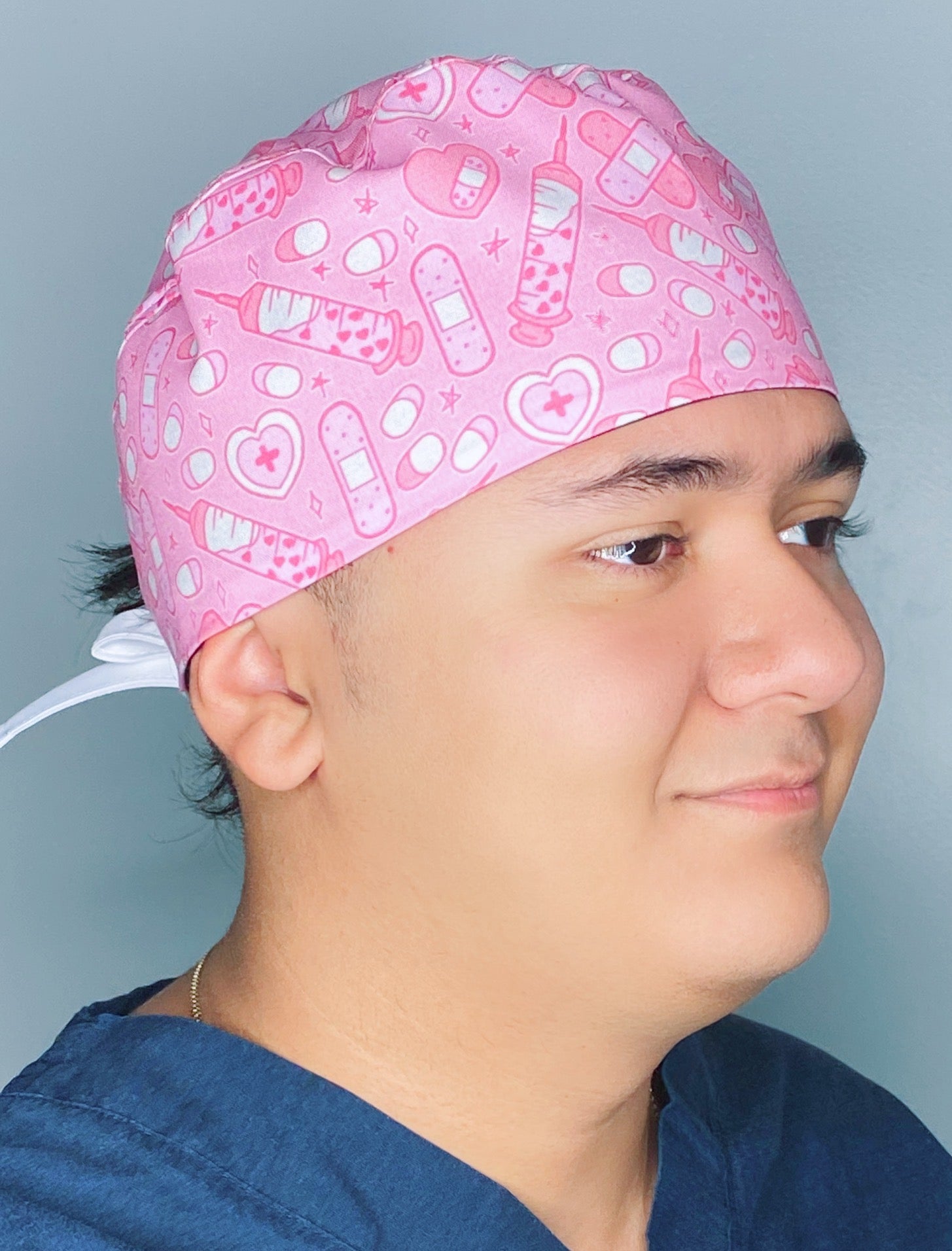 Bright Pink Band-Aids, Needles & Hearts Unisex Medical Theme Scrub Cap