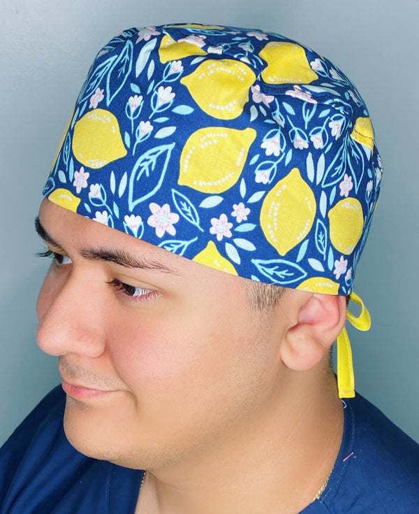 Floral Lemons on Blue Unisex Food Scrub Cap