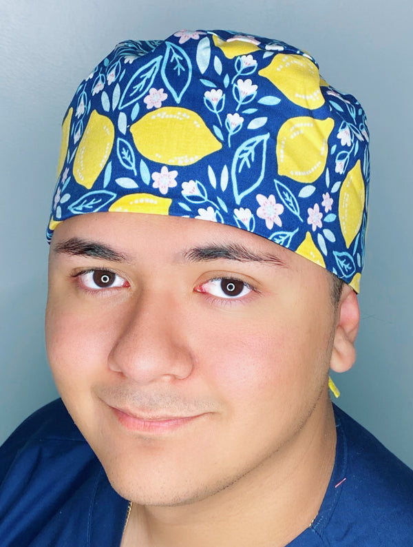 Floral Lemons on Blue Unisex Food Scrub Cap